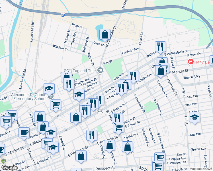 map of restaurants, bars, coffee shops, grocery stores, and more near 838 East Philadelphia Street in York