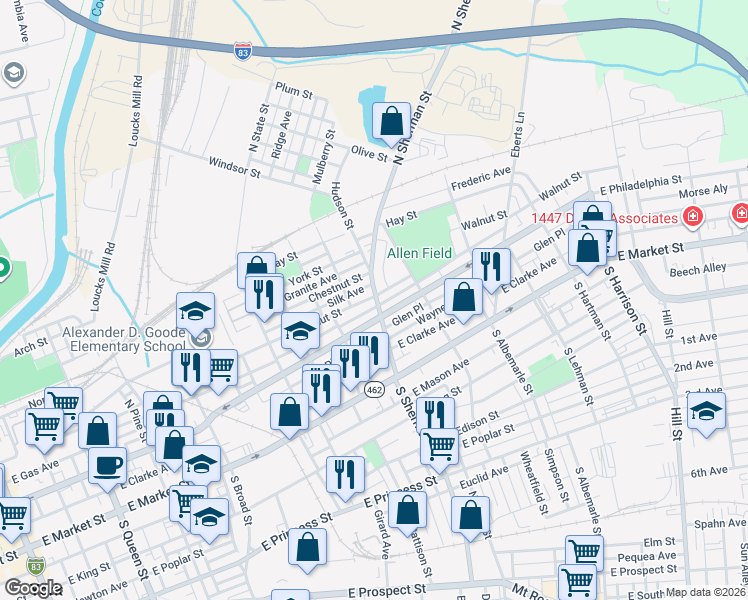 map of restaurants, bars, coffee shops, grocery stores, and more near 758 Wallace Street in York