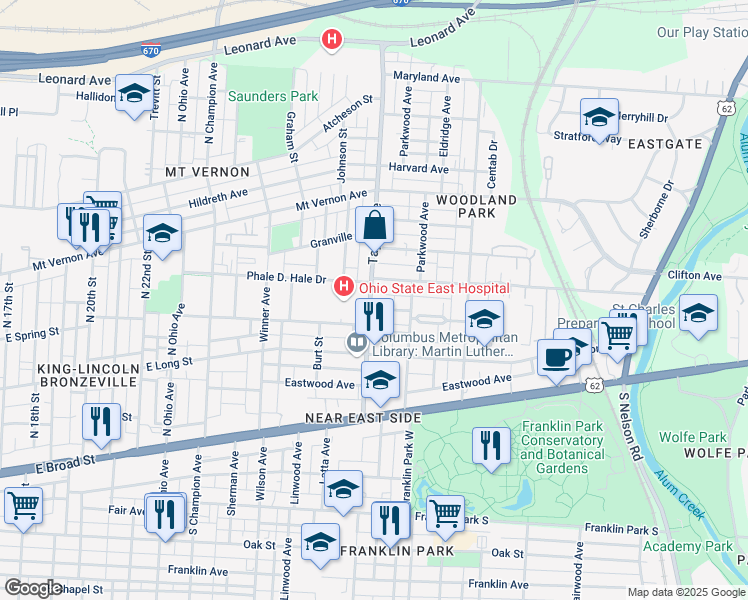 map of restaurants, bars, coffee shops, grocery stores, and more near 1450 Hawthorne Avenue in Columbus