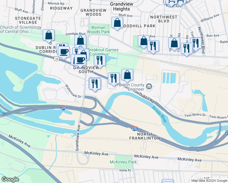 map of restaurants, bars, coffee shops, grocery stores, and more near 1029A Ridge Street in Columbus