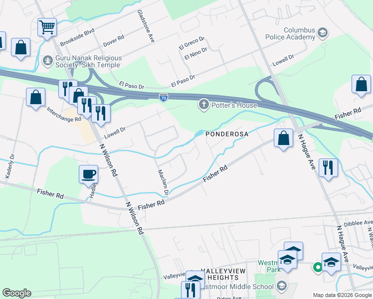 map of restaurants, bars, coffee shops, grocery stores, and more near 3346 Brichar Way in Columbus