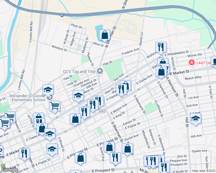 map of restaurants, bars, coffee shops, grocery stores, and more near 837 East Philadelphia Street in York