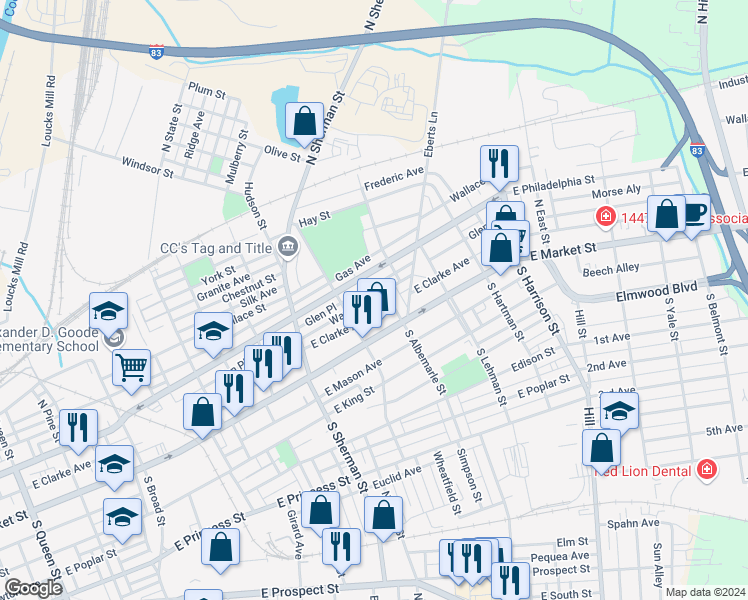 map of restaurants, bars, coffee shops, grocery stores, and more near 940 Wayne Avenue in York