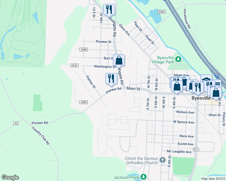 map of restaurants, bars, coffee shops, grocery stores, and more near 10354 Pioneer Road in Byesville