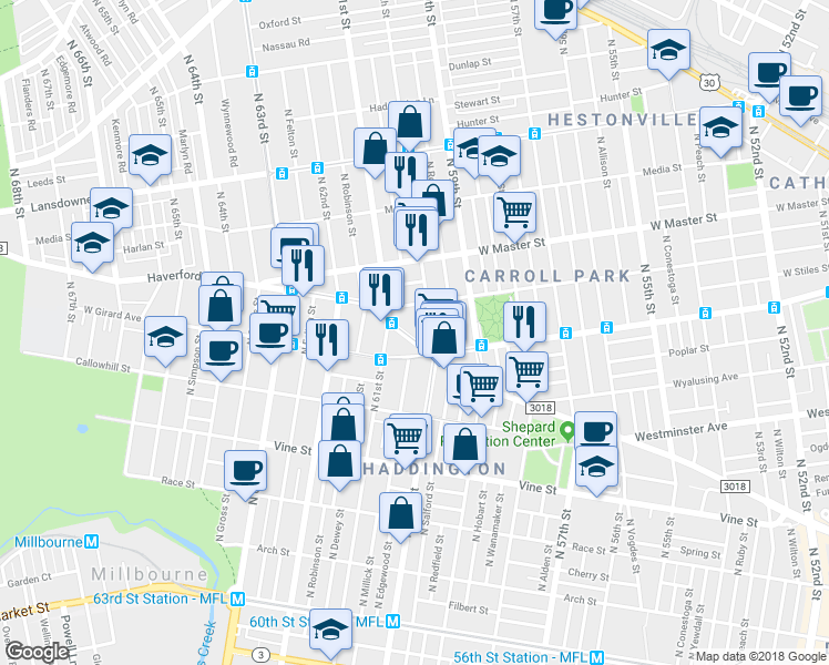 map of restaurants, bars, coffee shops, grocery stores, and more near 6035 Haverford Avenue in Philadelphia