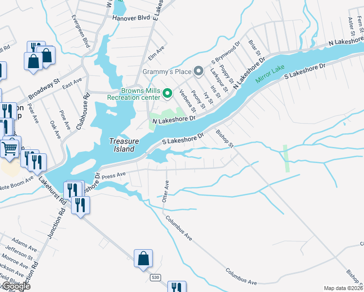 map of restaurants, bars, coffee shops, grocery stores, and more near 12 Columbine Avenue in Pemberton Township