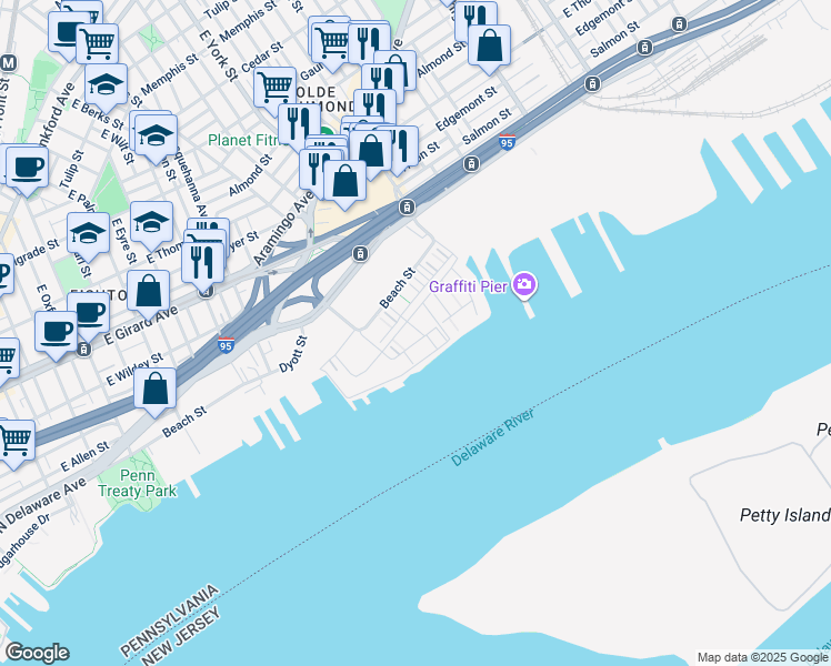 map of restaurants, bars, coffee shops, grocery stores, and more near 2015 Richmond St in Philadelphia