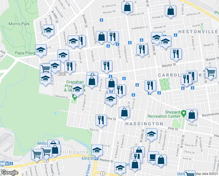 map of restaurants, bars, coffee shops, grocery stores, and more near 509 North 63rd Street in Philadelphia