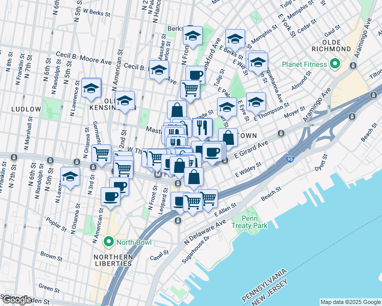 map of restaurants, bars, coffee shops, grocery stores, and more near 226 East Thompson Street in Philadelphia