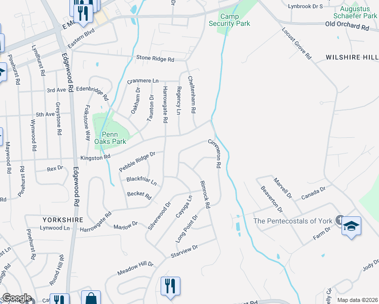 map of restaurants, bars, coffee shops, grocery stores, and more near 3558 Cimmeron Road in York
