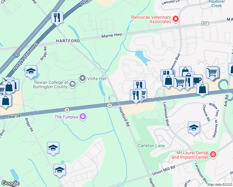 map of restaurants, bars, coffee shops, grocery stores, and more near 131 Hartford Road in Mount Laurel Township