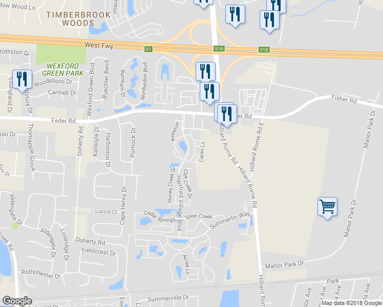 map of restaurants, bars, coffee shops, grocery stores, and more near 976 Hartford Village Boulevard in Columbus