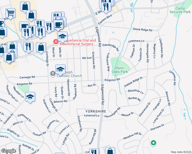 map of restaurants, bars, coffee shops, grocery stores, and more near 335 Greystone Road in East York