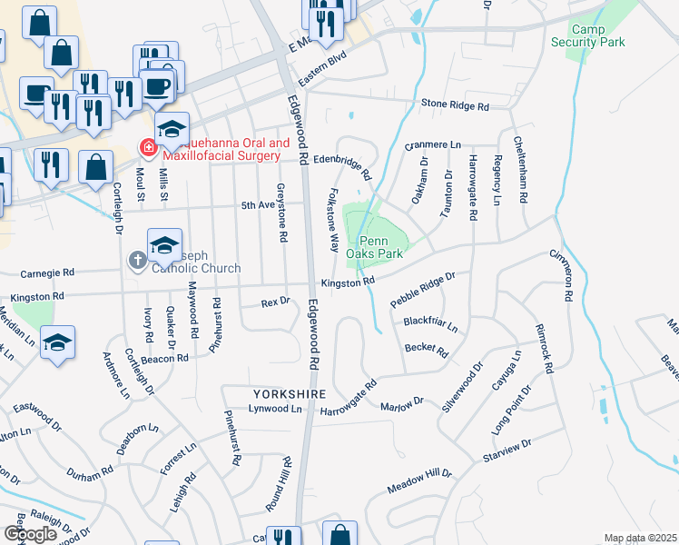 map of restaurants, bars, coffee shops, grocery stores, and more near 385 Folkstone Way in York