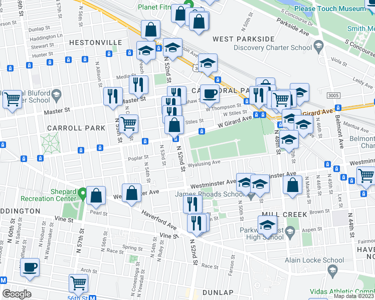 map of restaurants, bars, coffee shops, grocery stores, and more near 651 North Creighton Street in Philadelphia