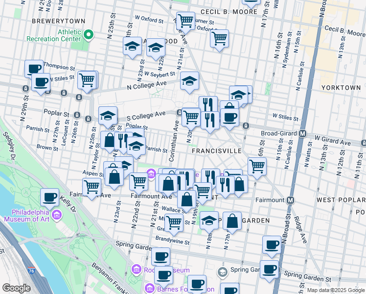 map of restaurants, bars, coffee shops, grocery stores, and more near 2010 Ogden Street in Philadelphia