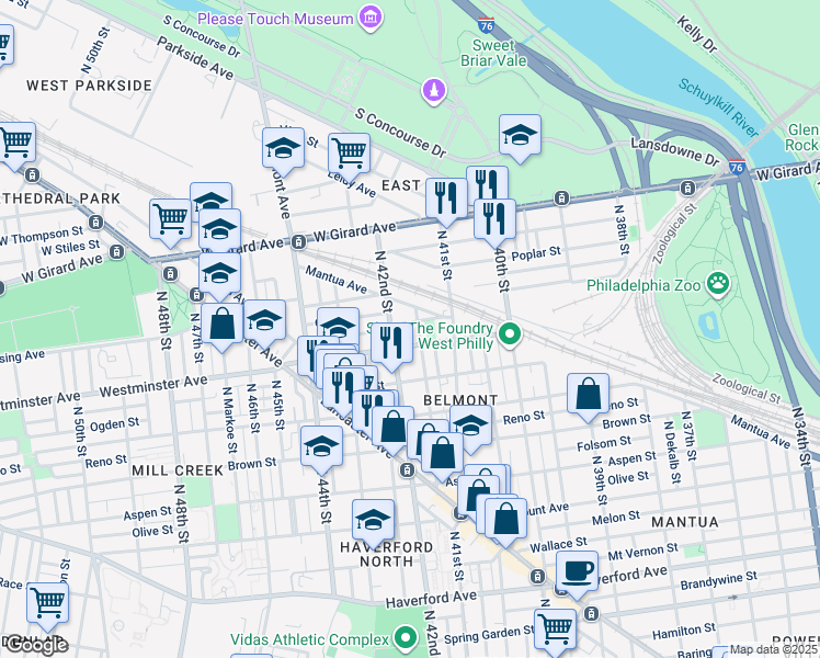 map of restaurants, bars, coffee shops, grocery stores, and more near 4148 Pennsgrove Street in Philadelphia