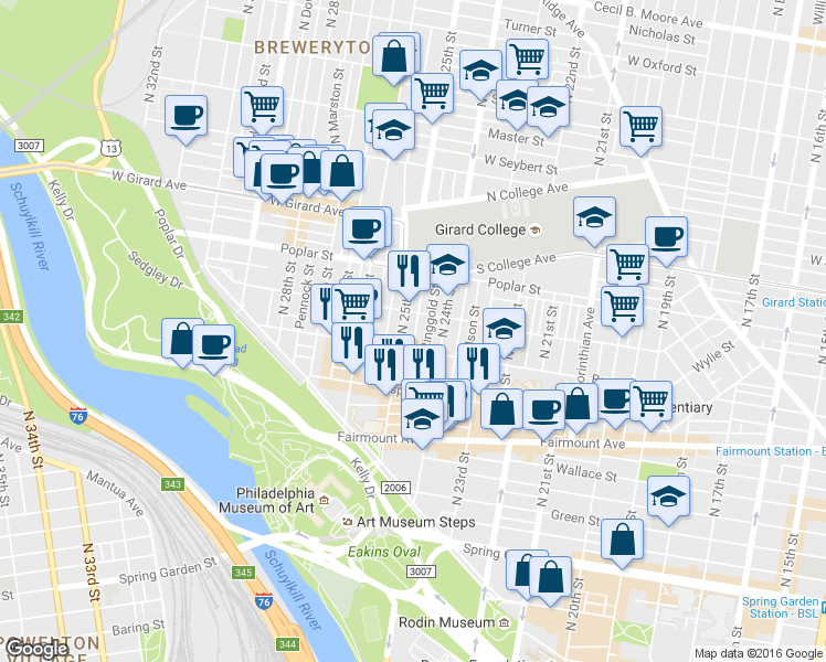 map of restaurants, bars, coffee shops, grocery stores, and more near 822 North Taylor Street in Philadelphia