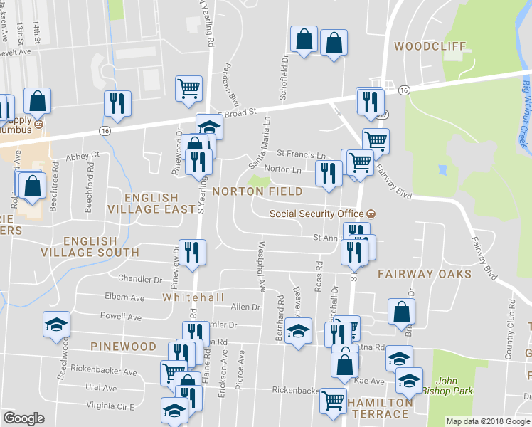 map of restaurants, bars, coffee shops, grocery stores, and more near 4484 Saint Rita Lane in Columbus