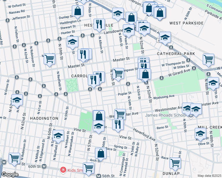 map of restaurants, bars, coffee shops, grocery stores, and more near 5508 West Girard Avenue in Philadelphia