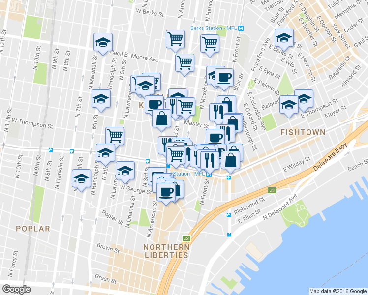 map of restaurants, bars, coffee shops, grocery stores, and more near 1242 North Hancock Street in Philadelphia