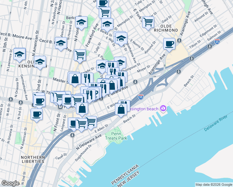 map of restaurants, bars, coffee shops, grocery stores, and more near in Philadelphia