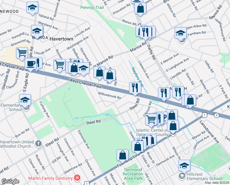 map of restaurants, bars, coffee shops, grocery stores, and more near 572 West Chester Pike in Havertown