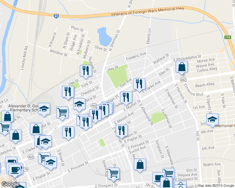 map of restaurants, bars, coffee shops, grocery stores, and more near 72 North Tremont Street in York