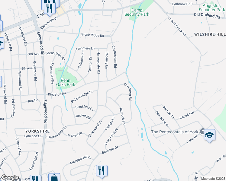 map of restaurants, bars, coffee shops, grocery stores, and more near 3558 Cimmeron Road in York