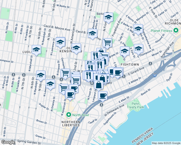 map of restaurants, bars, coffee shops, grocery stores, and more near 1310 Hope Street in Philadelphia