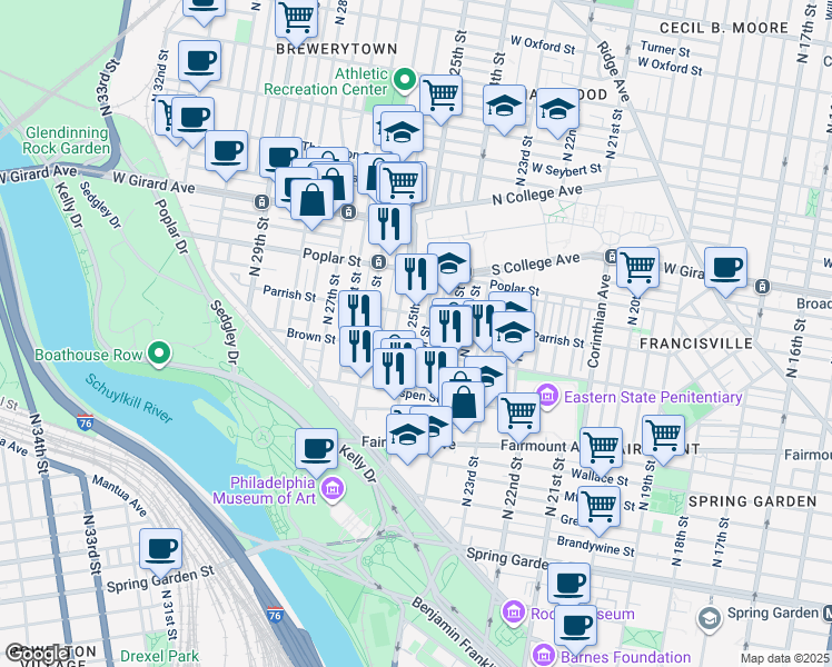 map of restaurants, bars, coffee shops, grocery stores, and more near 821 North 25th Street in Philadelphia