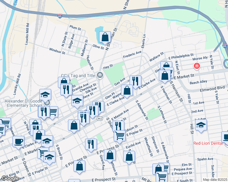 map of restaurants, bars, coffee shops, grocery stores, and more near 72 North Tremont Street in York