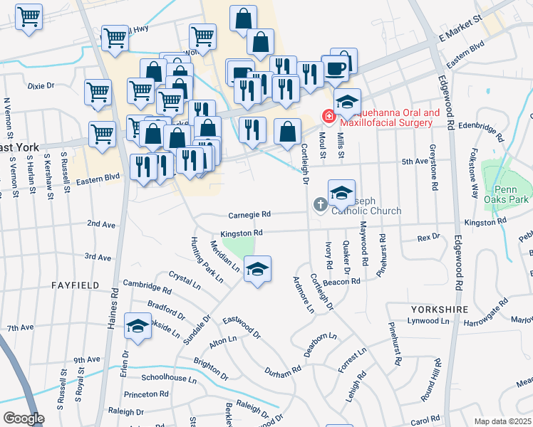 map of restaurants, bars, coffee shops, grocery stores, and more near 2675 Carnegie Road in York