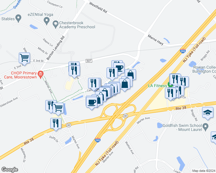 map of restaurants, bars, coffee shops, grocery stores, and more near 40 Centerton Road in Mount Laurel