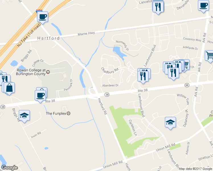 map of restaurants, bars, coffee shops, grocery stores, and more near 4610 Aberdeen Drive in Mount Laurel