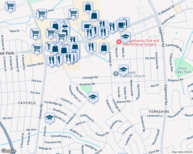 map of restaurants, bars, coffee shops, grocery stores, and more near 2677 Carnegie Road in York