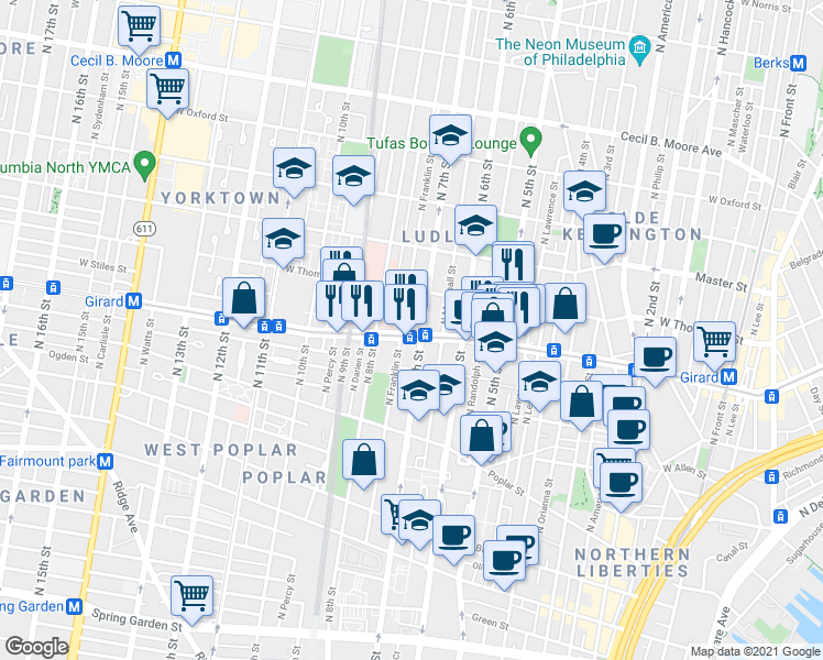 map of restaurants, bars, coffee shops, grocery stores, and more near 709 West Girard Avenue in Philadelphia