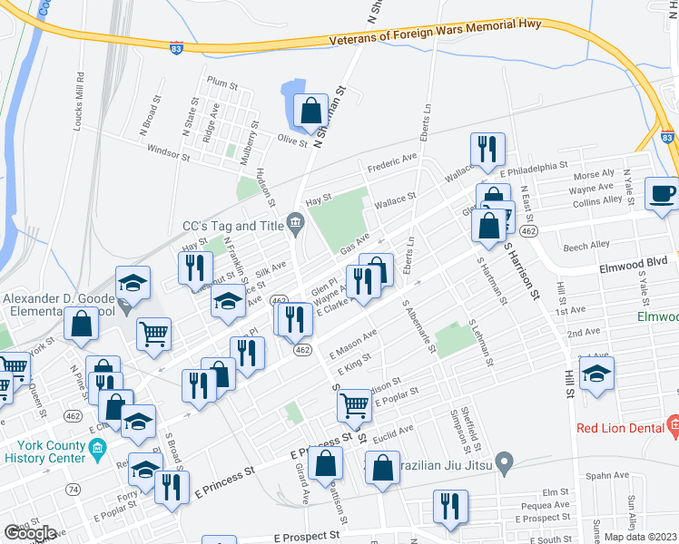 map of restaurants, bars, coffee shops, grocery stores, and more near 898 East Philadelphia Street in York