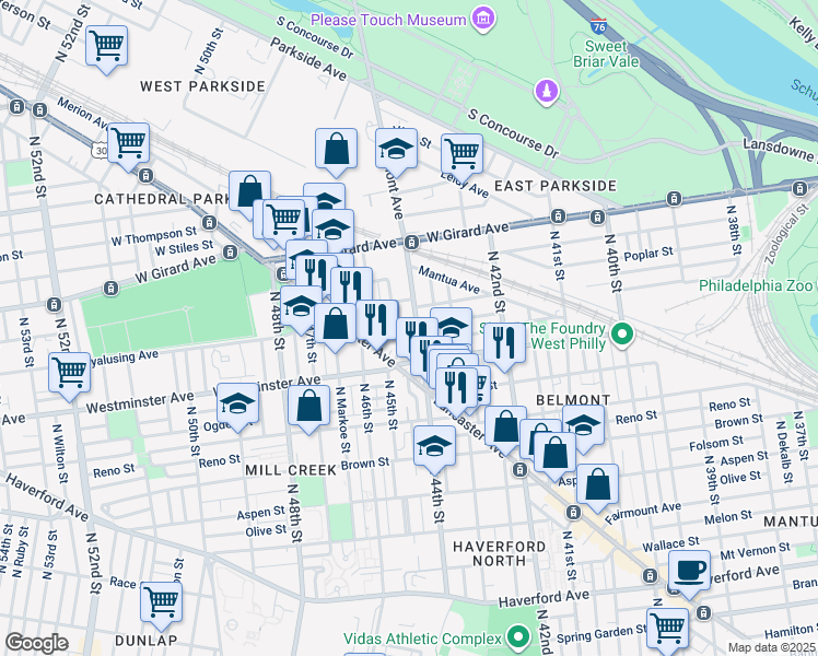 map of restaurants, bars, coffee shops, grocery stores, and more near 926 Belmont Avenue in Philadelphia