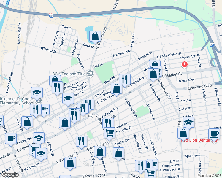 map of restaurants, bars, coffee shops, grocery stores, and more near 915 Wayne Avenue in York