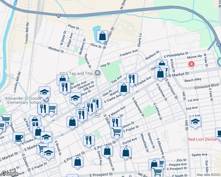 map of restaurants, bars, coffee shops, grocery stores, and more near 74 North Tremont Street in York