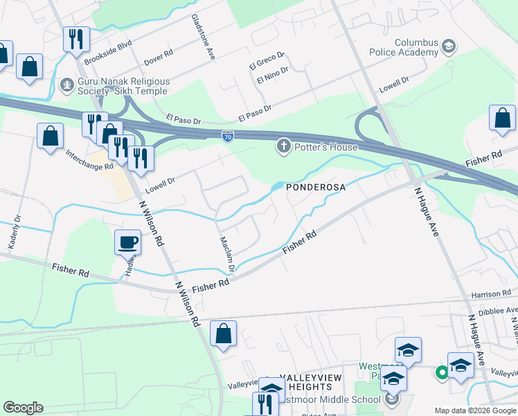 map of restaurants, bars, coffee shops, grocery stores, and more near 3346 Brichar Way in Columbus