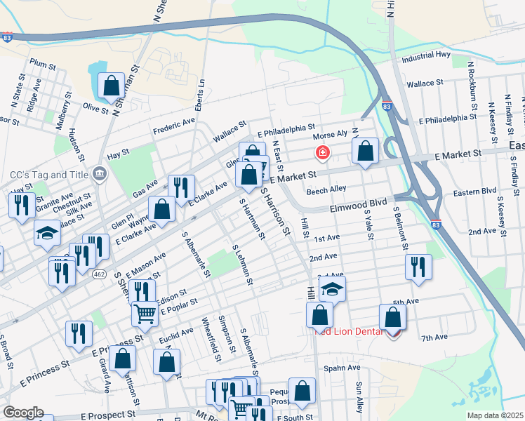 map of restaurants, bars, coffee shops, grocery stores, and more near 1215 East King Street in York