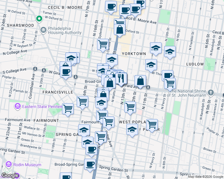 map of restaurants, bars, coffee shops, grocery stores, and more near 1330 West Girard Avenue in Philadelphia