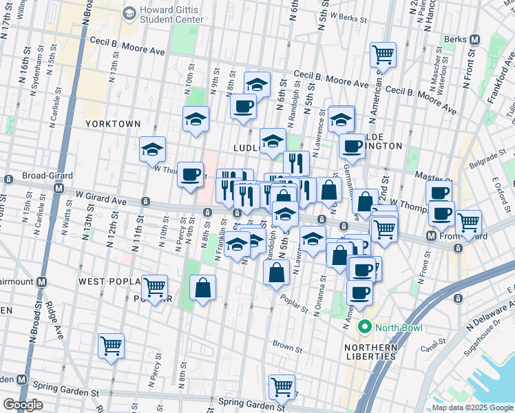 map of restaurants, bars, coffee shops, grocery stores, and more near 609 W Girard Ave in Philadelphia