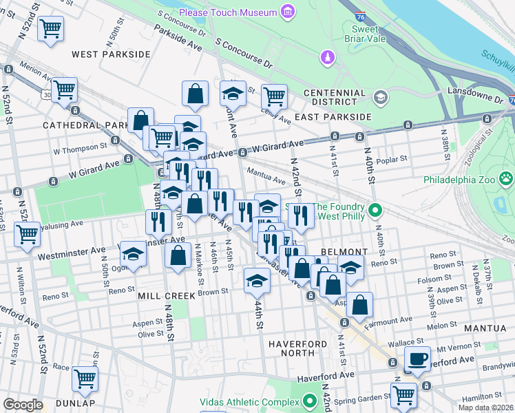 map of restaurants, bars, coffee shops, grocery stores, and more near 929 Belmont Avenue in Philadelphia