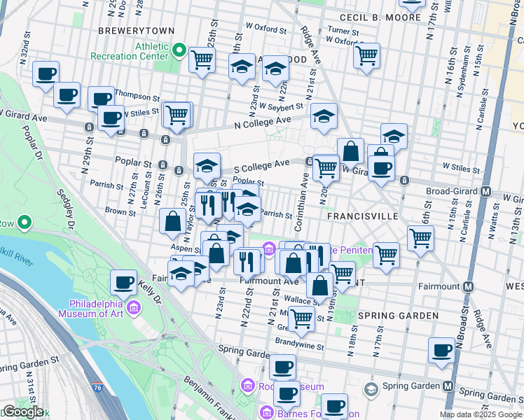 map of restaurants, bars, coffee shops, grocery stores, and more near 846 North Beechwood Street in Philadelphia