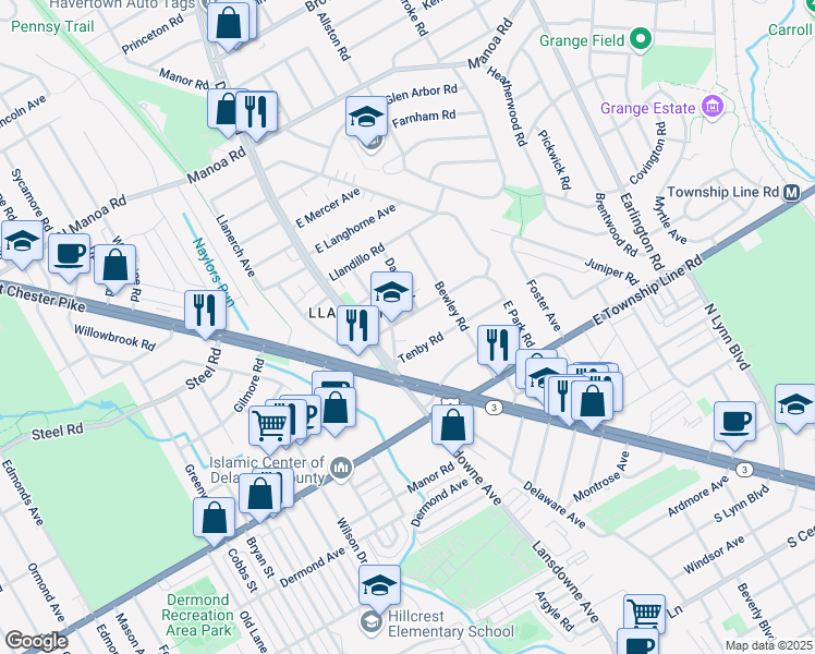 map of restaurants, bars, coffee shops, grocery stores, and more near 15 East Park Road in Havertown