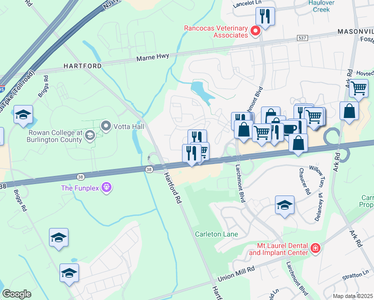map of restaurants, bars, coffee shops, grocery stores, and more near Aberdeen Drive in Mount Laurel