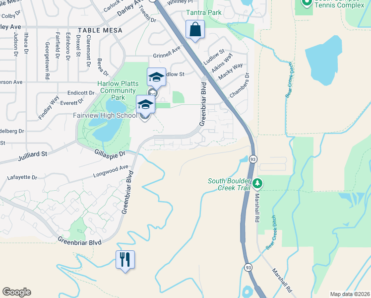 map of restaurants, bars, coffee shops, grocery stores, and more near 4500 Greenbriar Boulevard in Boulder